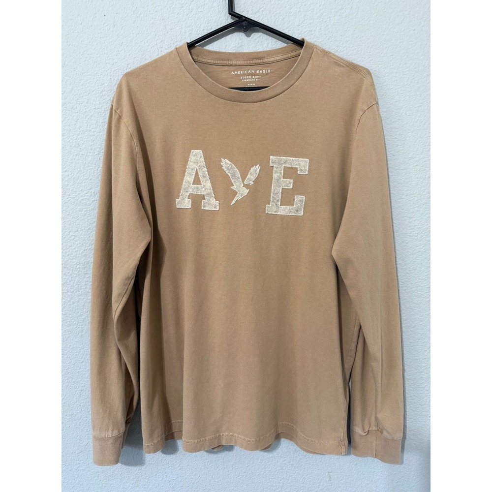 American Eagle Mens M Super Soft Tan Graphic Long Sleeve T-Shirt Standard Fit